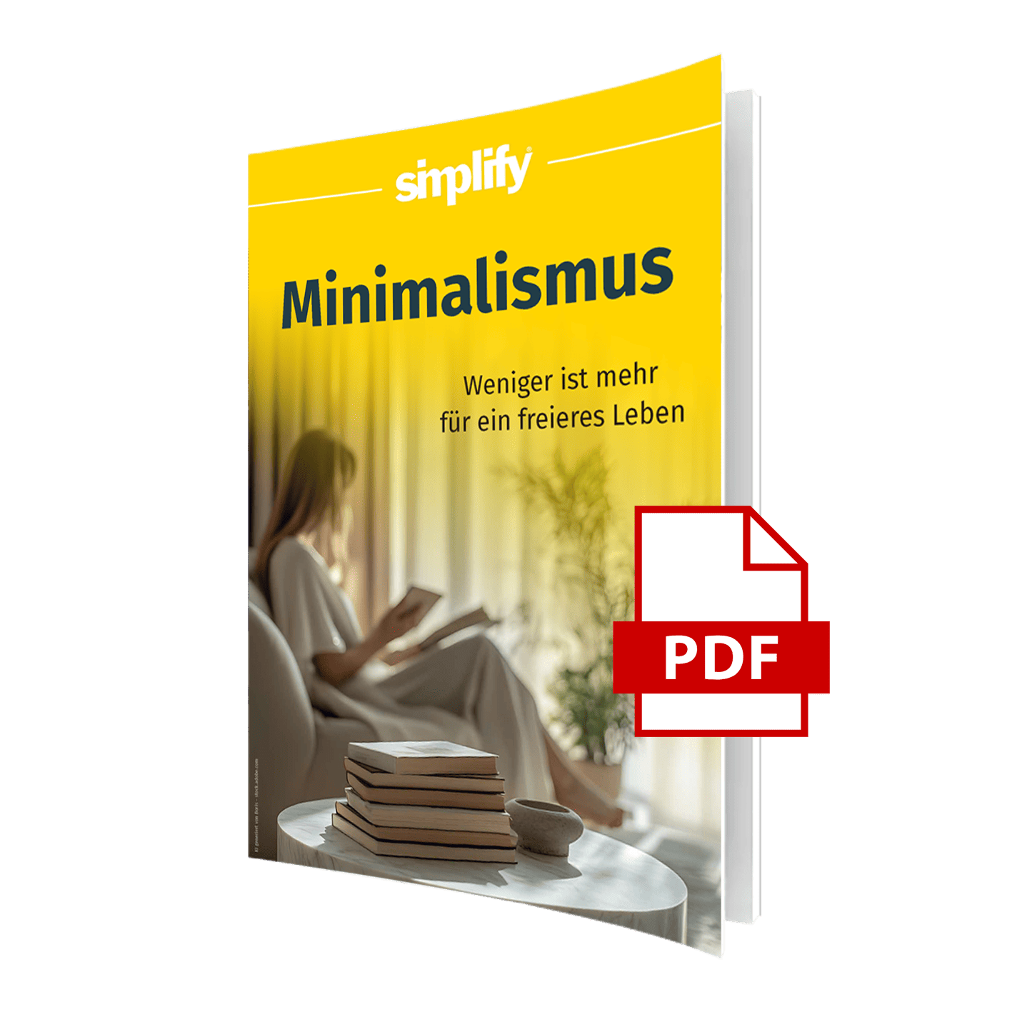 Halfopen-Book-Mockup-new-mm.png Mockup eines aufgeschlagenen Buches mit gelbem Cover und dem Titel ‚Minimalismus – Weniger ist mehr für ein freieres Leben‘ von simplify. Auf dem Titelbild sitzt eine Frau im hellen, minimalistischen Wohnzimmer und liest, im Vordergrund liegt ein Bücherstapel auf einem runden Marmortisch. Ein rotes PDF-Symbol zeigt an, dass es sich um eine digitale Ausgabe handelt.
