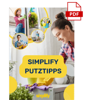 Cover-simpTW-1-.png Titelbild eines PDFs mit dem Titel "SIMPLIFY PUTZTIPPS". Das Bild zeigt eine lächelnde Frau, die mit gelben Gummihandschuhen eine Oberfläche reinigt. Mehrere kleine Kreisbilder illustrieren verschiedene Reinigungstätigkeiten wie Fensterputzen und allgemeine Haushaltsreinigung. Oben rechts ist ein rotes PDF-Icon eingeblendet. Das Bild dient als Cover für einen Putztipps-Ratgeber.